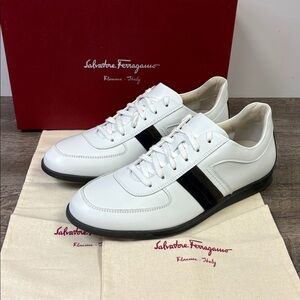 Salvatore Ferragamo “Mille” Leather Sneakers in White with Black Stripe Size 10